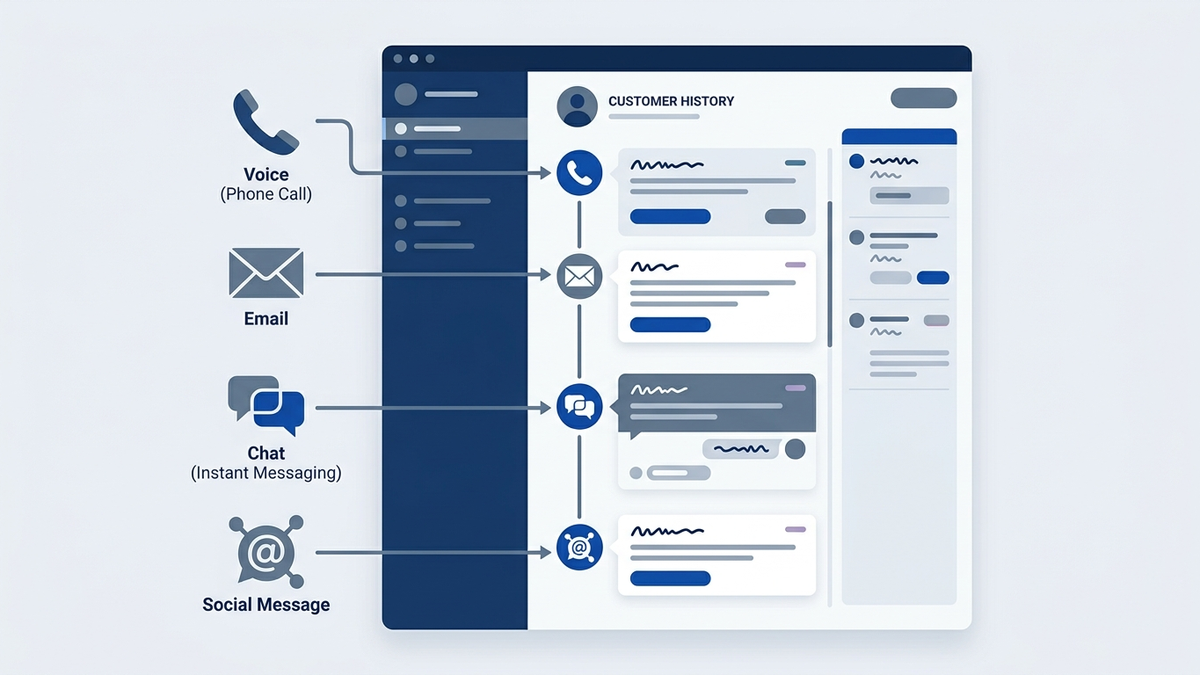 Editorial illustration of omnichannel contact center routing across voice, email, chat, and social