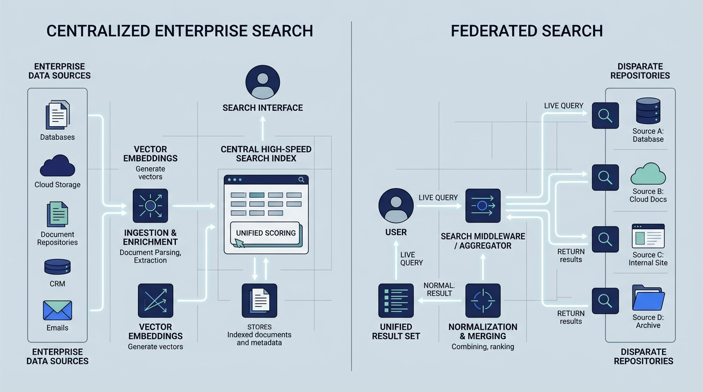 Editorial illustration of centralized enterprise search indexing versus federated search query broadcasting