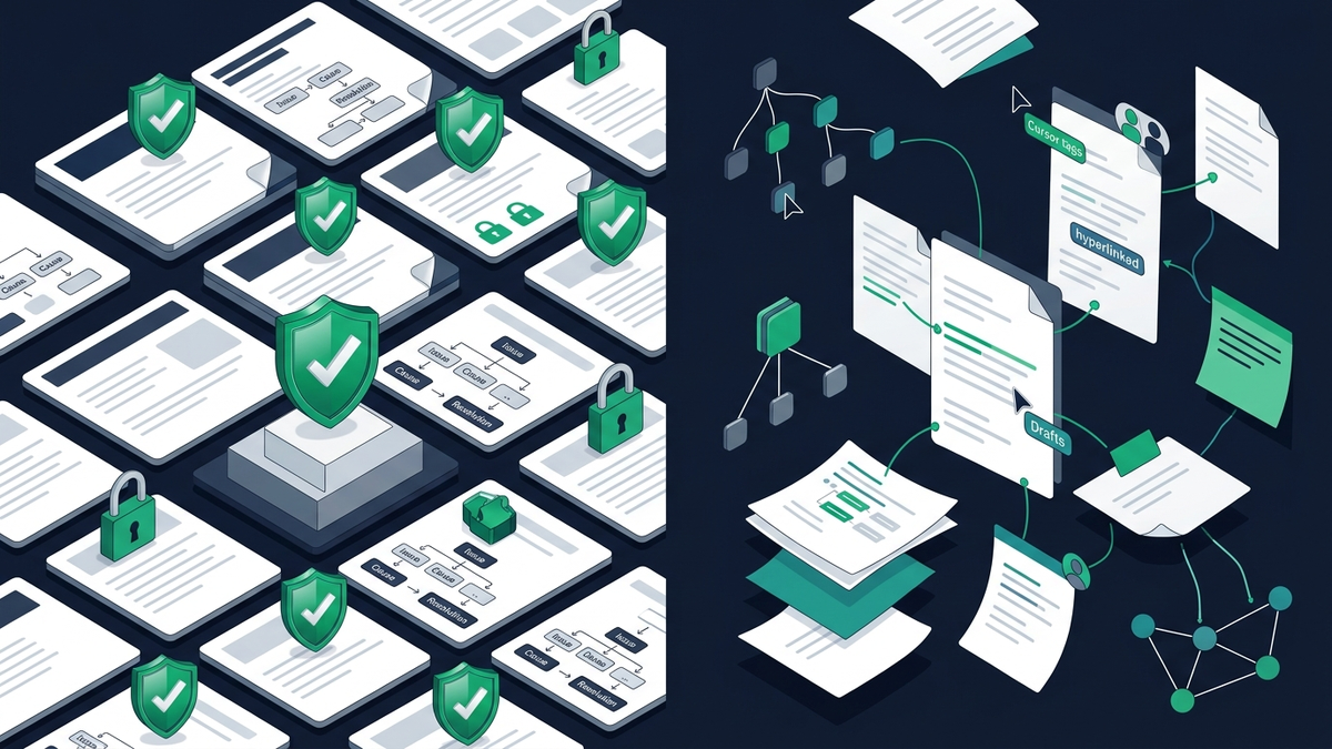 Editorial illustration of closed-loop KCS knowledge base verification versus open collaborative wiki editing