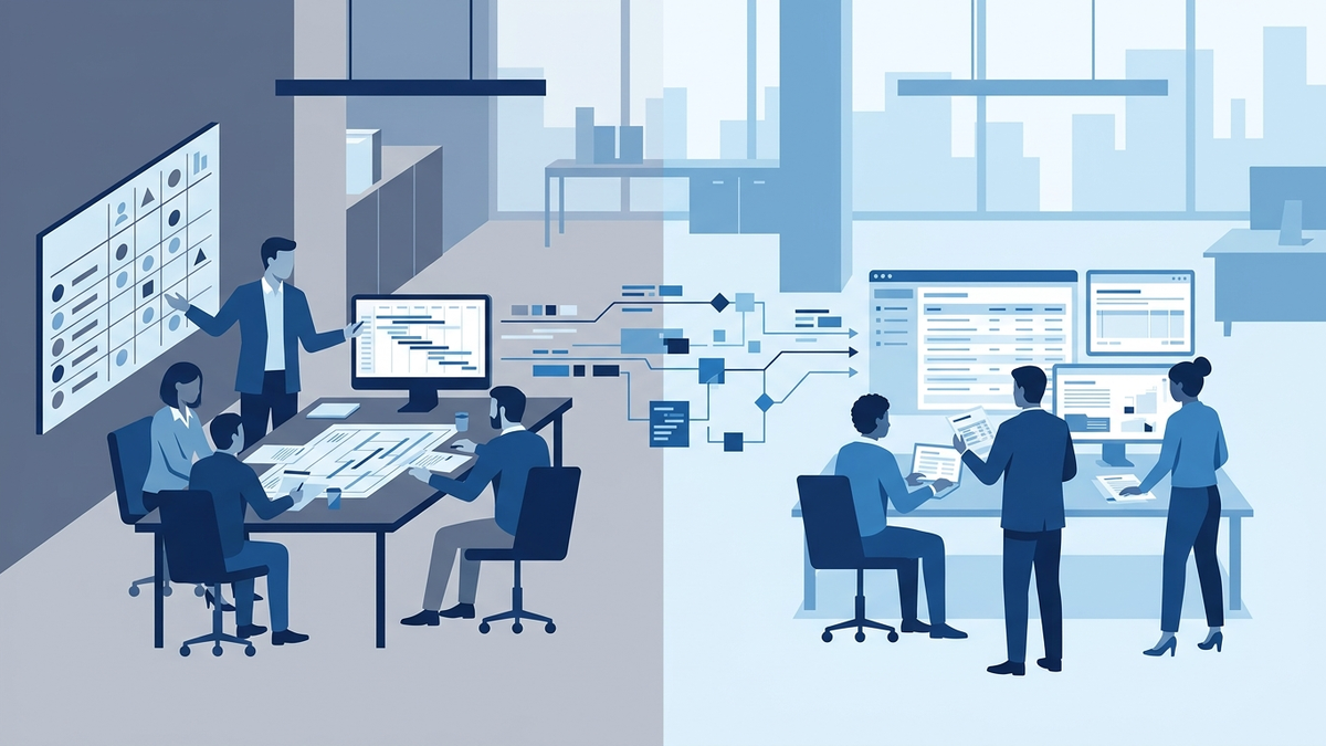 Editorial illustration of a professional services team connecting delivery planning with financial operations