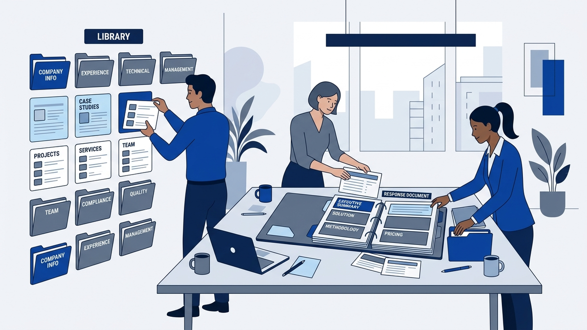 Editorial illustration of a proposal team assembling a structured response from a governed content library