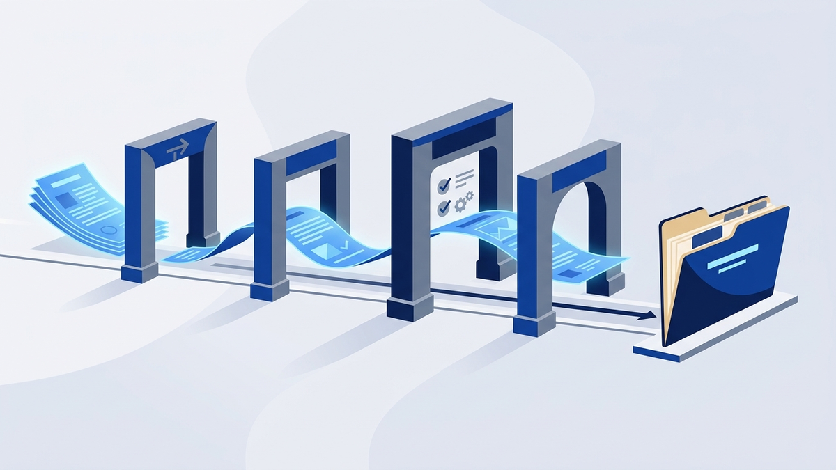 Editorial illustration of a proposal workflow passing through four selection gates